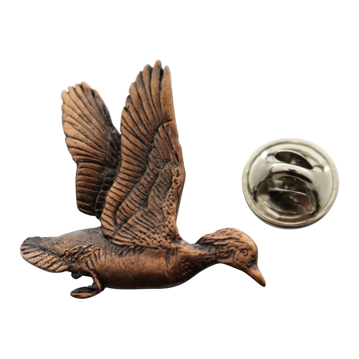 Wood Duck Flying Pin ~ Antiqued Copper ~ Lapel Pin ~ Sarah's Treats & Treasures